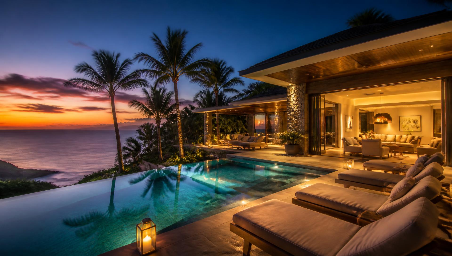 Luxury beachfront villa at sunset with infinity pool